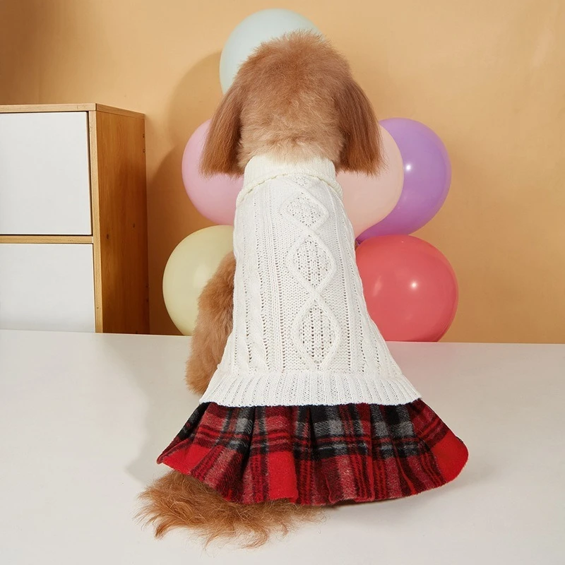 Knitted Soft Sweater Dresses for French Bulldog Lattice Red New Year Cat Clothing Winter Warm Breathable Pet Puppy Sweatshirt