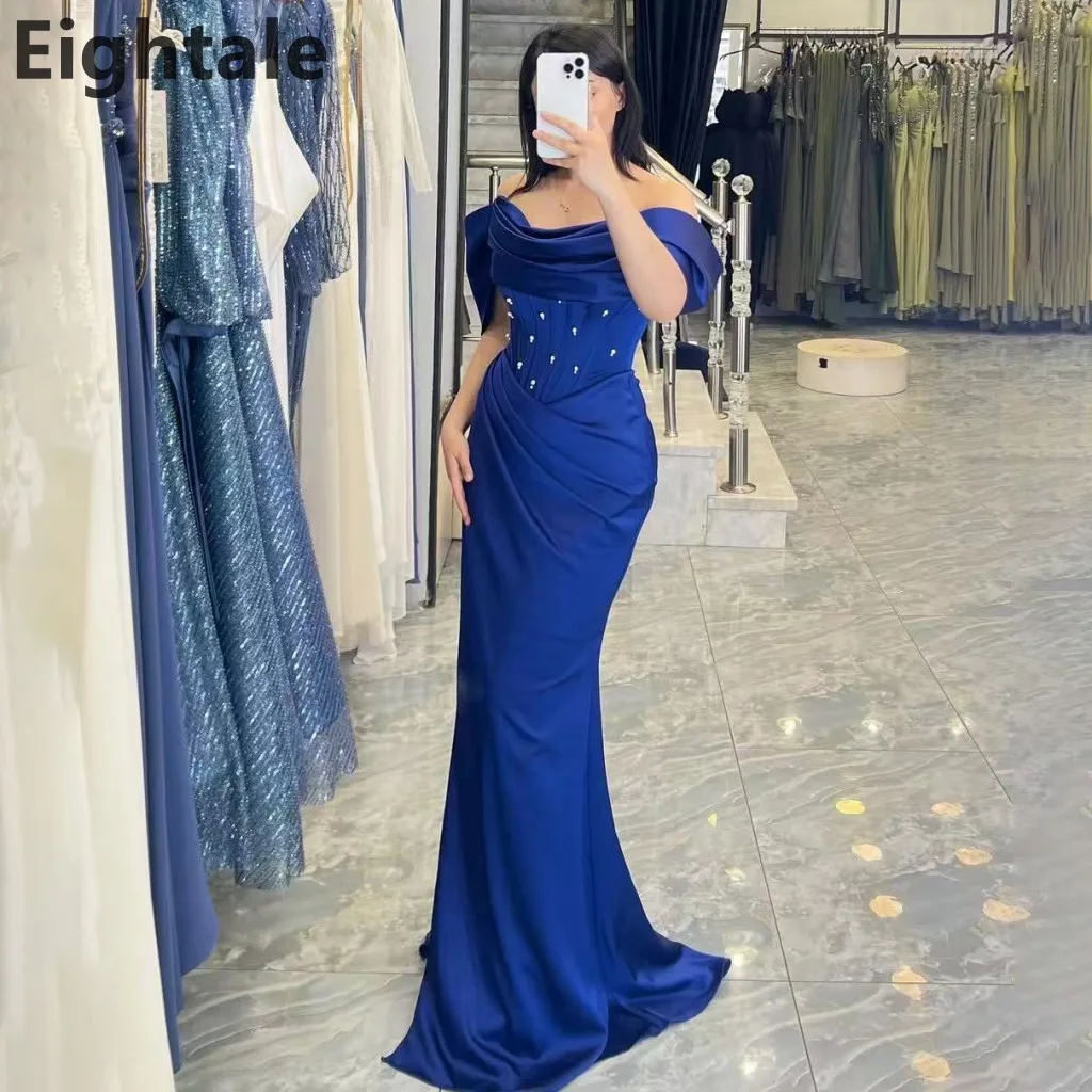 

Eightale 2025 Royal Blue Mermaid Evening Dress Off-Shoulder Satin Beaded for Wedding Prom Dubai Party Gown Customizable