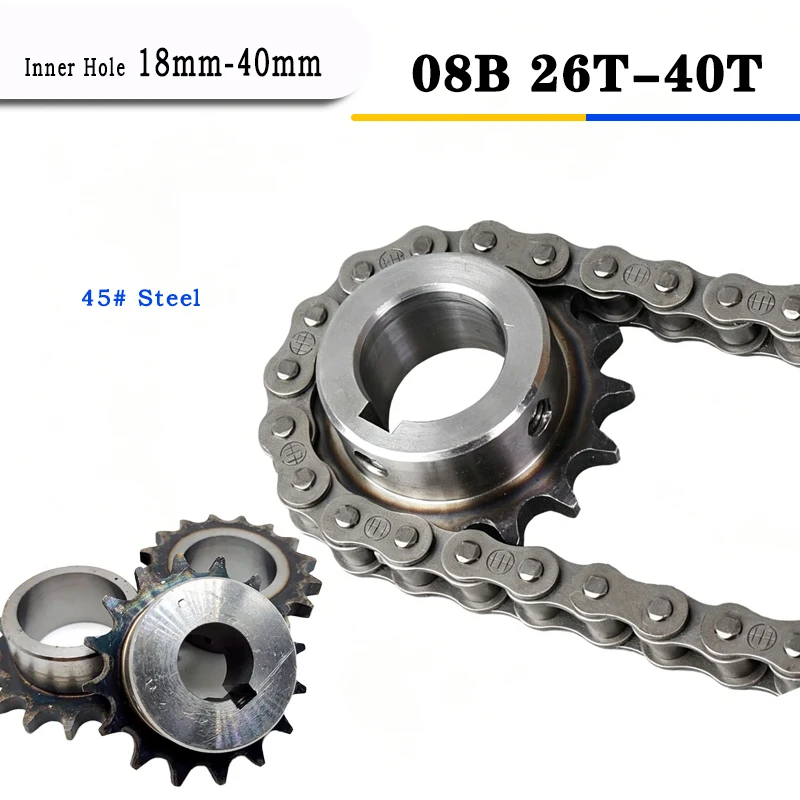 1Pcs 08B Industrial Drive Sprocket Wheel 45# Steel Chain Gear 26/27/28/29/30/31/32/33-40 Teeth Keyway Bore 18mm-40mm