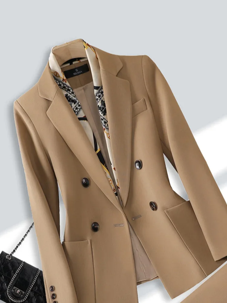 2025 Nuovo set di pantaloni da ufficio per donna per tutte le stagioni Set di pantaloni monocromatici slim fit Colletto doppiopetto Tailleur pantalone alla moda Set da 2 pezzi