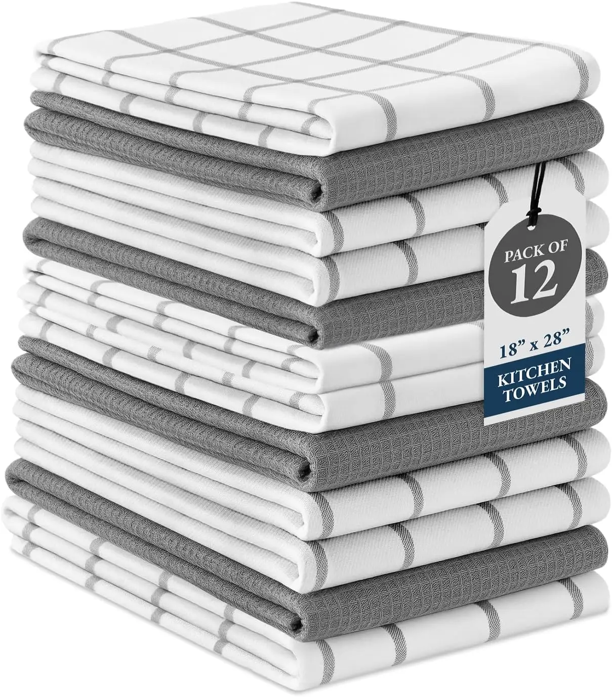 

100% Cotton Kitchen Towels & Dishcloths Set of 12 - Quick-Drying, Absorbent 18x28 inches - Grey