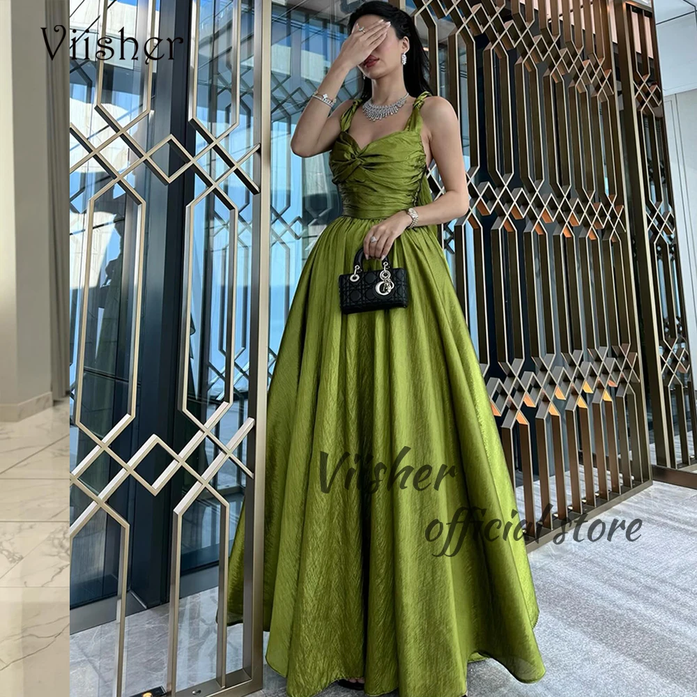 

Viisher Sage Green Evening Dresses for Women Pleats Satin A Line Formal Dress Arabian Dubai Prom Party Gowns Floor Length