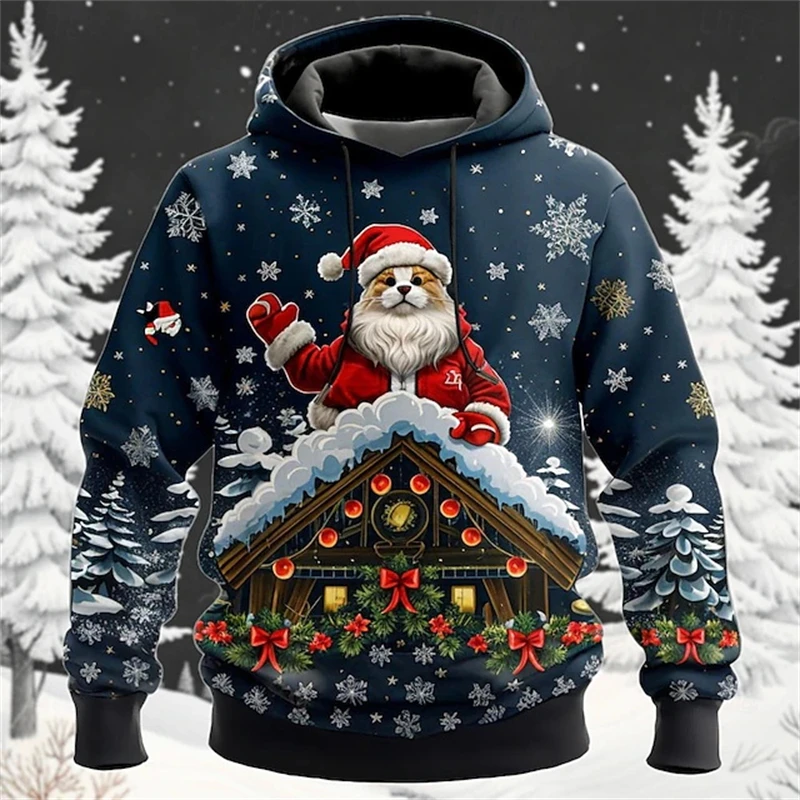 Christmas Hoodies Men Cool Santa Claus Graphic 3d Print Sweatshirt  Men Fall Winter Party Holiday Pullover Plus Size Streetwear