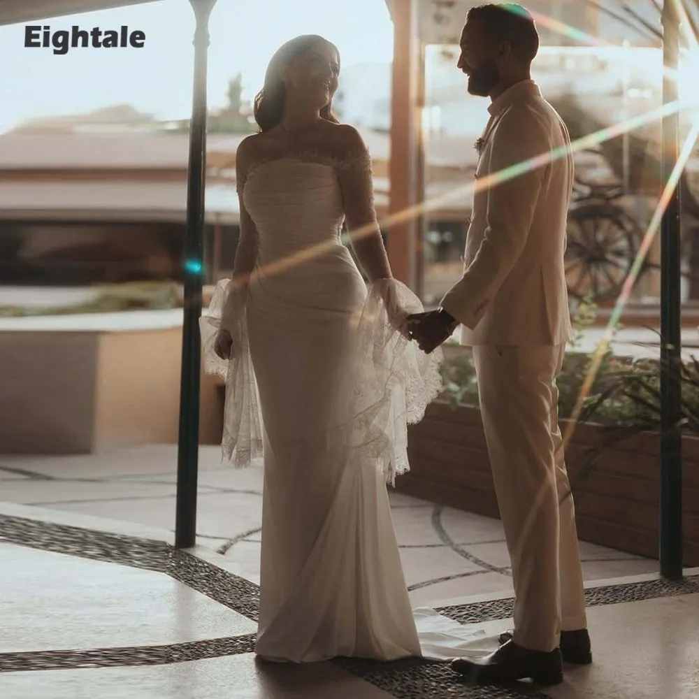 

Eightale Arabic Wedding Dresses Appliques Lace Customized Satin Long Sleeves Ivory Mermaid Bridal Gowns Vestidos De Novia