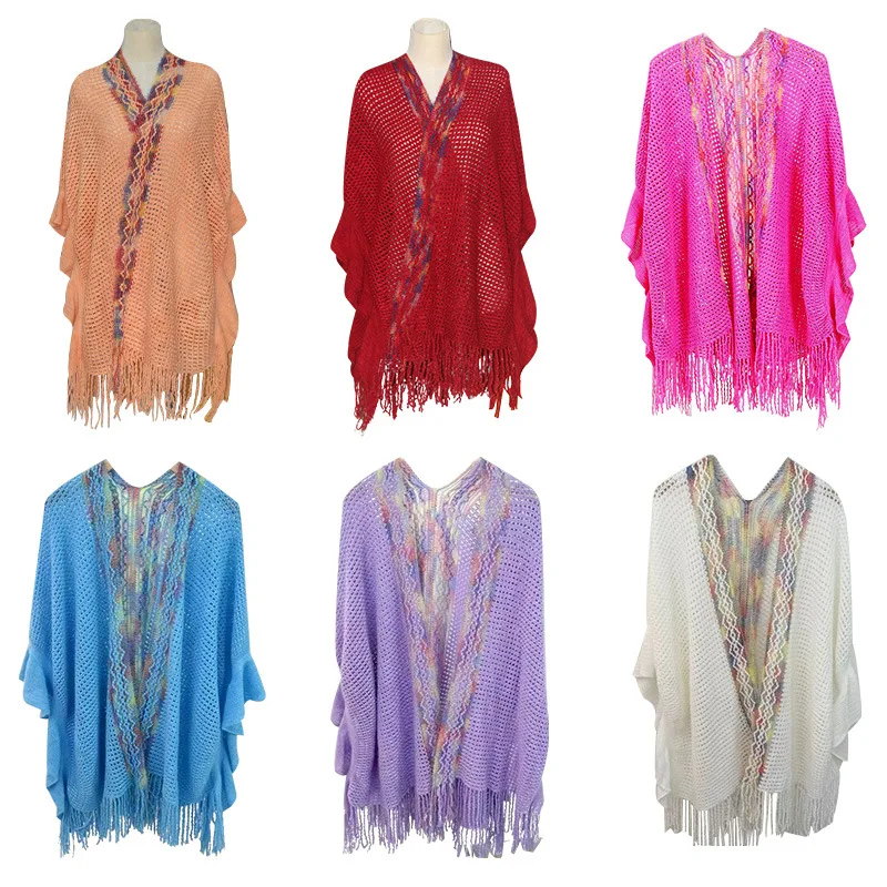 Poncho Tassel Knitted Ethnic style shawl new spring and summer thin style air-conditioned room office outdoor shawl women Cape N