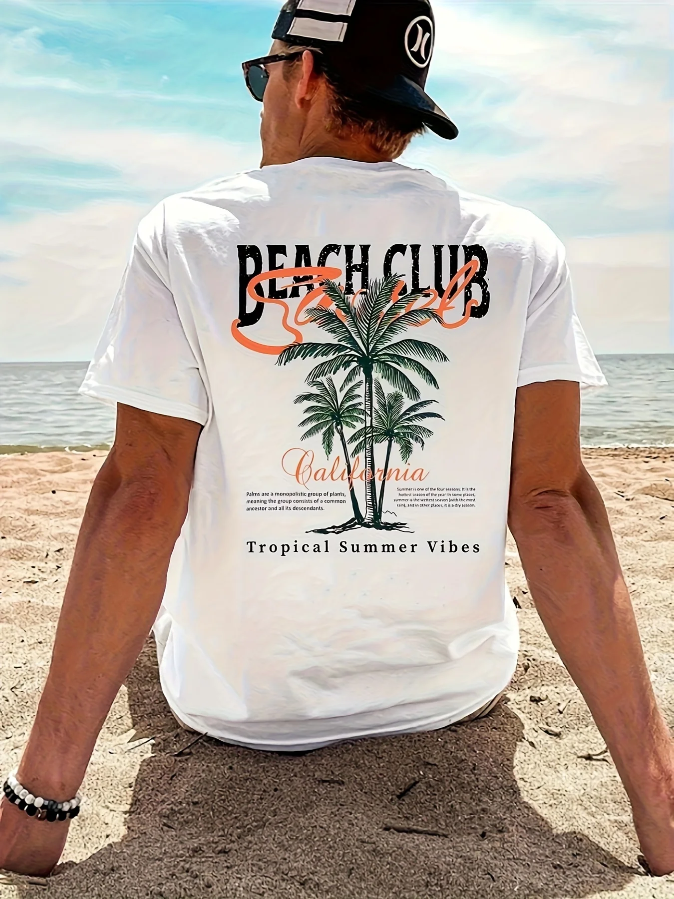 

Мужская футболка Beach Club California Tropical Vibes с графическим рисунком, белая повседневная футболка с короткими рукавами и дизайном пальмы, круглая уличная одежда