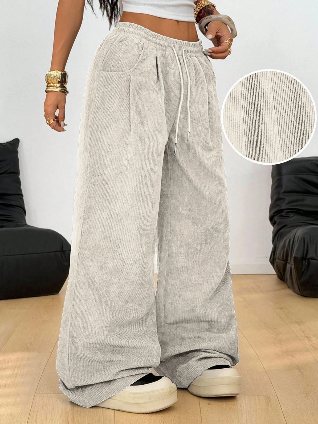 Damen Retro Cord Cargo-Hose Lässige Kordelzug Gerade Sporthose Fließende Alltags-Pendlerhose mit Weitem Bein – Detail 36