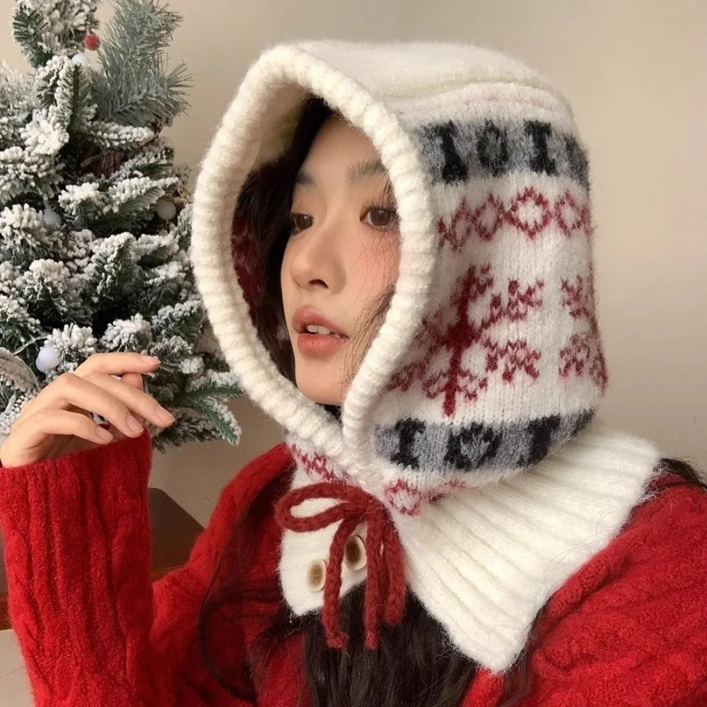 

Retro Snowflakes Winter Balaclava Hats Ear Protection One-Piece Neck Collar Beanies Cap Thick Warm Windproof Knitted Hooded Cap