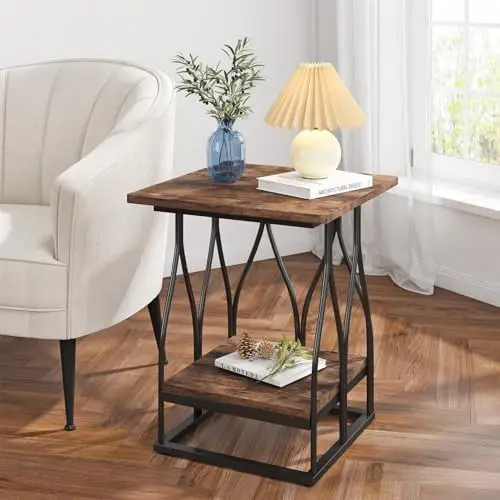 

Side Table, Square End Table with 2 Tier , Rustic Industrial Accent Sofa Side Table, Nightstand for Bedroom, Living Room