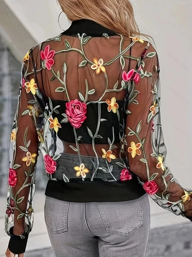 Imagen 2 del producto Chaqueta de manga larga con cuello de béisbol bordado floral para mujer Top con cremallera