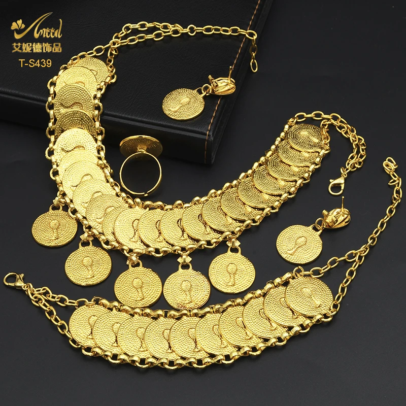 ANIID African 24K Plated Gold Coins Necklace Bracelet Jewelry Set Ethiopian Luxury Wedding Gift Hawaii Arab Necklace Choker Sets
