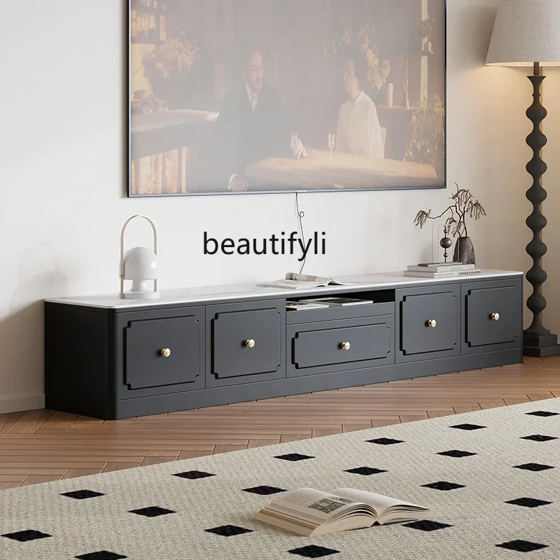 

Medieval laser floor long cabinet hidden socket video cabinet living room retro wind rock slab TV cabinet