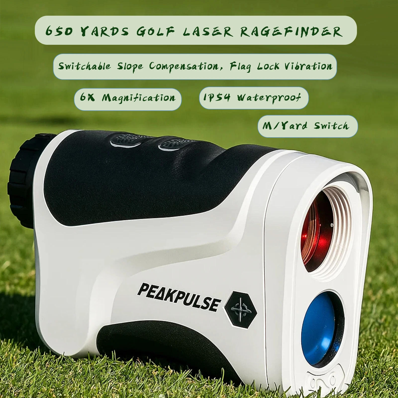 PEAKPULSE Golf Laser Rangefinder 650Yards 6X Magnification Switchable Slope Compensation Flag Lock Vibration IP54 Waterproof M/Yard Switch Replaceable Battery Golf Distance Meter Ideal Golf Gift for Beginners & Pro Golfers
