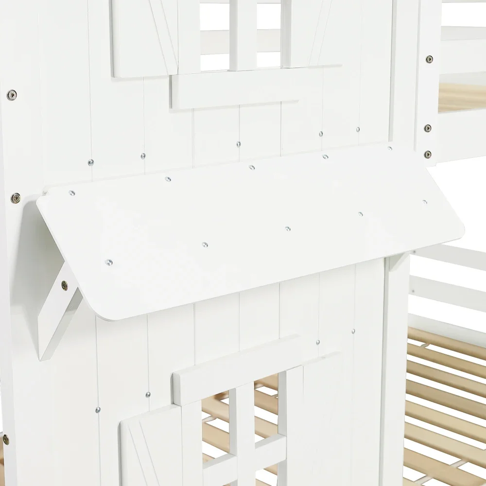 Kinder-Etagenbett mit schönem Fenster und seitlichen Sicherheitsgeländer auf dem Dach, dreistufiger gerader Leiter, stabiler Lattenrost – Detail 21