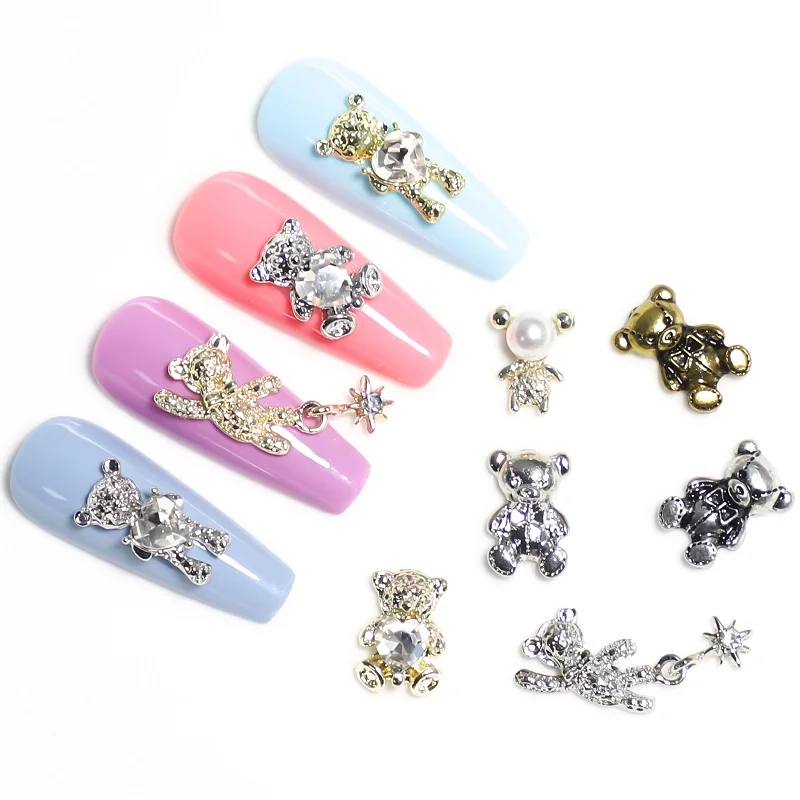 10pcs 3D Alloy Bear Nail Art Decoration Crystal Heart Gold Silver Metal Nails Charms Jewelry DIY Manicure Professional Accessory