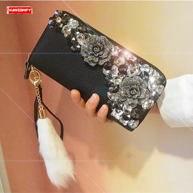 Luxury Fashion Diamonds Women Wallet Genuine Leather Long Zipper Wallet Female Coin Purse Flowers Wallets Multi-card Rhinestone