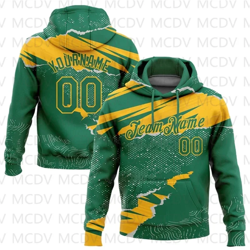 Custom Kelly Green Gold 3D Pattern Design Torn Paper Style Sports Pullover Sweatshirt Hoodie