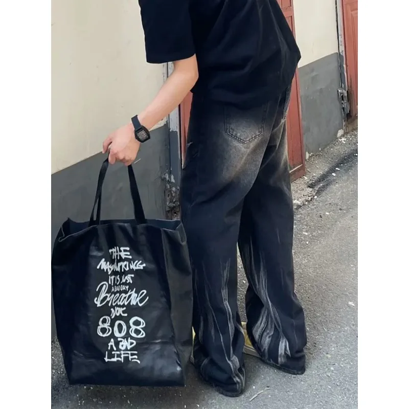 

Black and Gray Tie-dye Jeans Men's Trendy Street Versatile Loose Wide-leg Retro Trousers Classic Man Pants Y2k Ice Silk Pants
