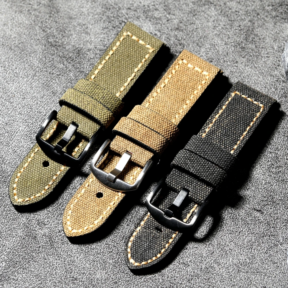 Handgefertigtes Canvas-Lederarmband mit Passform aus echtem Leder, 20 mm, 22 mm, 24 mm, 26 mm, schwarz, grün, braun, langlebiges, wasserdichtes Armband, retr