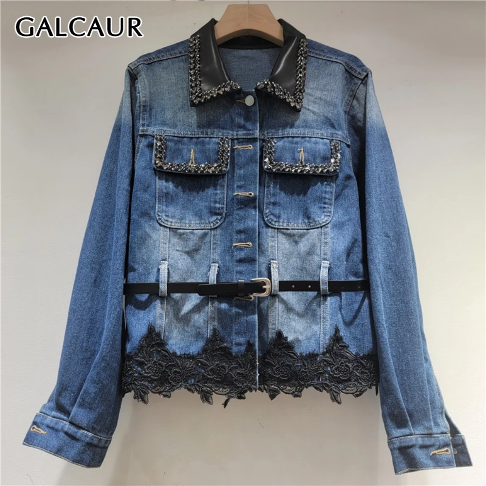 

GALCAUR Blue Spliced Diamonds Jacket Female Lapel Long Sleeve Loose Patchwork Lace Streetwear Women's Jackets Autumn Fashion New