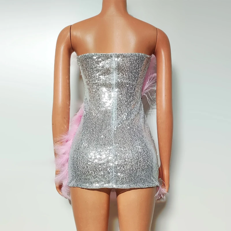 ピンクの羽のスパンコールパーティードレス女性ラインストーンイブニングウエディングドレスバー Dj セクシーなゴーゴー衣装ステージパフォーマンスの摩耗 XS8840