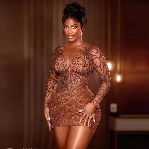 Black Girls Illusion Evening Dress with Pleats And Beads Mini Aso Ebi Prom Cocktail Dress with Scoop Neck Long Sleeves