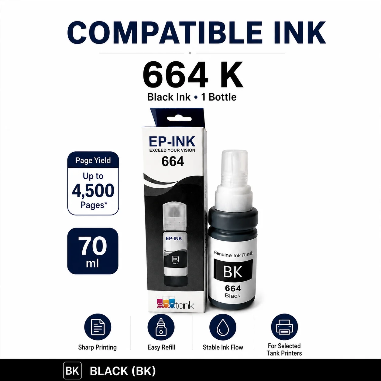Frasco de Tinta Preta de 70ml para Epson 664 K, Tinta Compatível para Impressora, Alta Capacidade 4500 Páginas, Refil Fácil, Fluxo de Tinta Estável