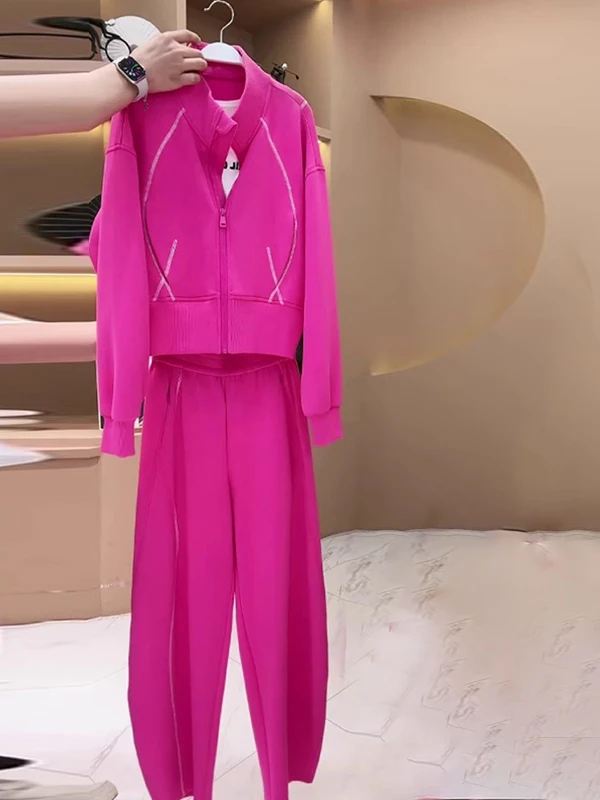 

High-End Casual Sportswear Set Women's Autumn Fashionable Streetwear Pink Jacket Top Wide Leg Pants Two-Piece Set