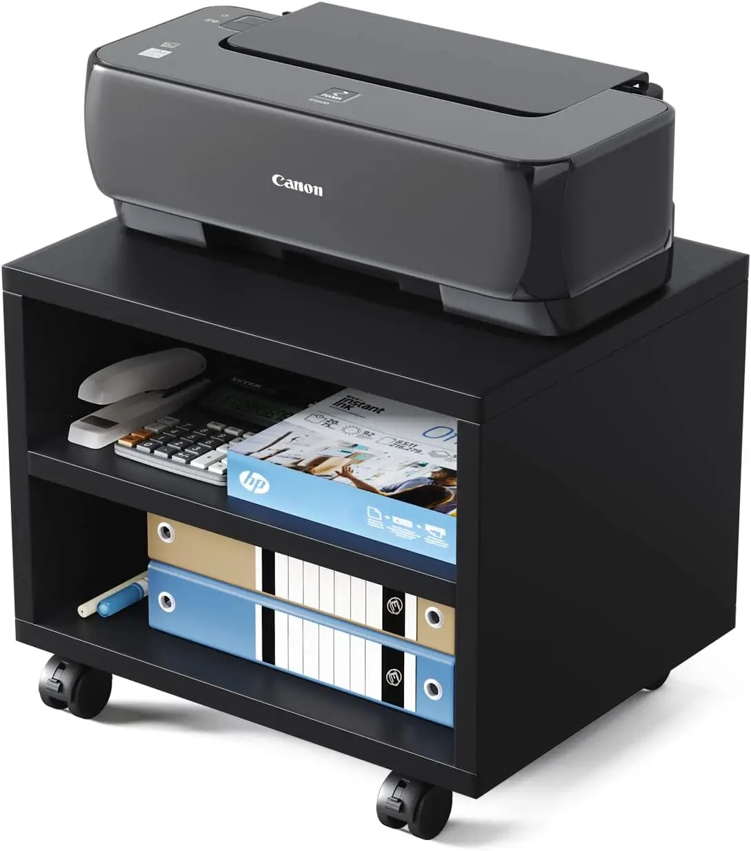 AIROW Hanyee Mobile Printer Stand, Black MDF Office File Cabinet with Shelves & Wheels