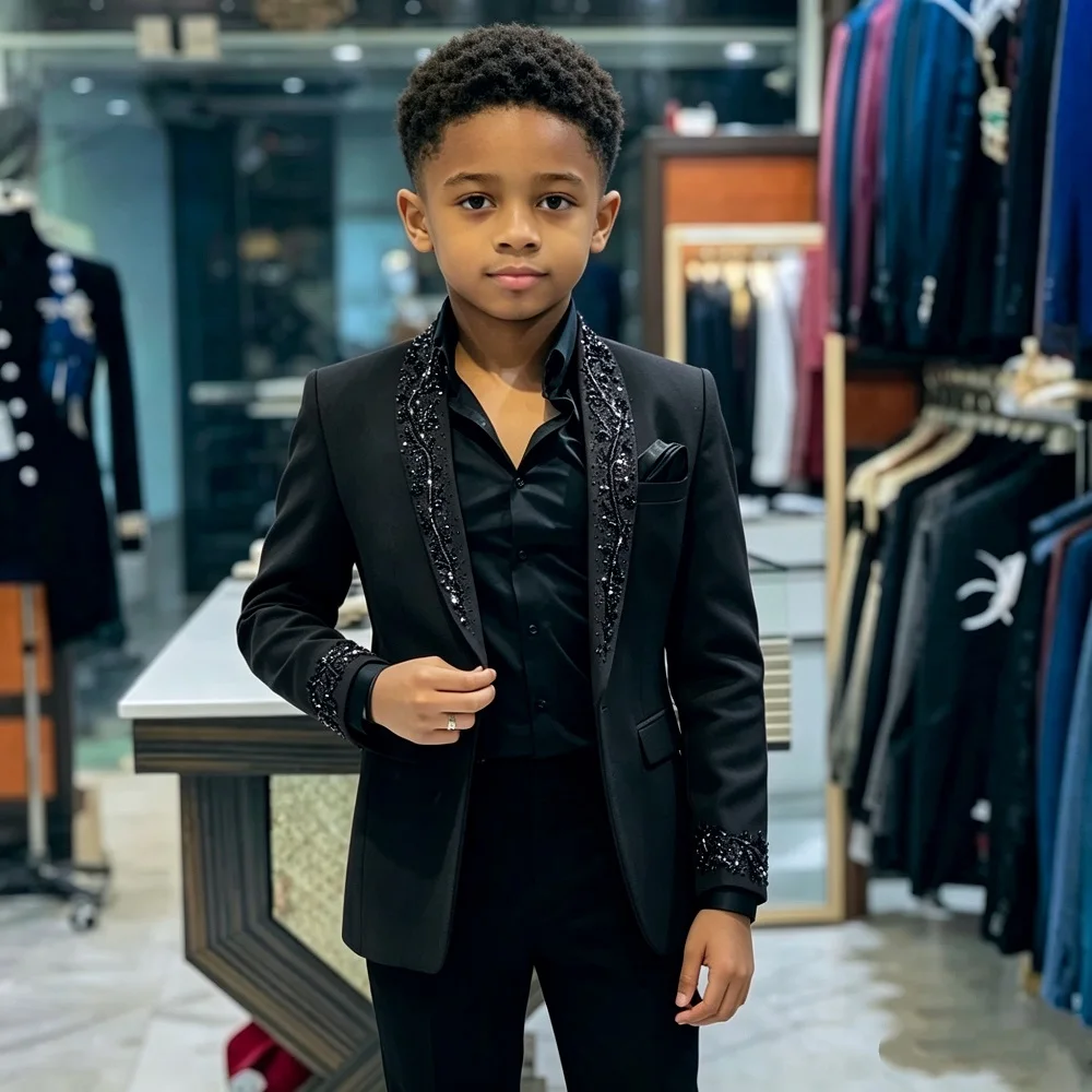 Luxury Beaded Boys Prom Suit 2 Piece Separates Shawl Lapel Child Formal Wedding Tuxedo Outfit Custom for Page Boy Evening Party