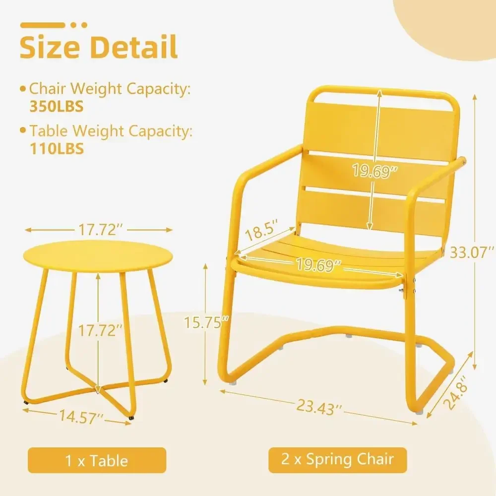 Compact Outdoor Patio Set: 2 Metal Chairs with Round Side Table, Ideal for Balcony, Porch, Garden, Deck, Yellow