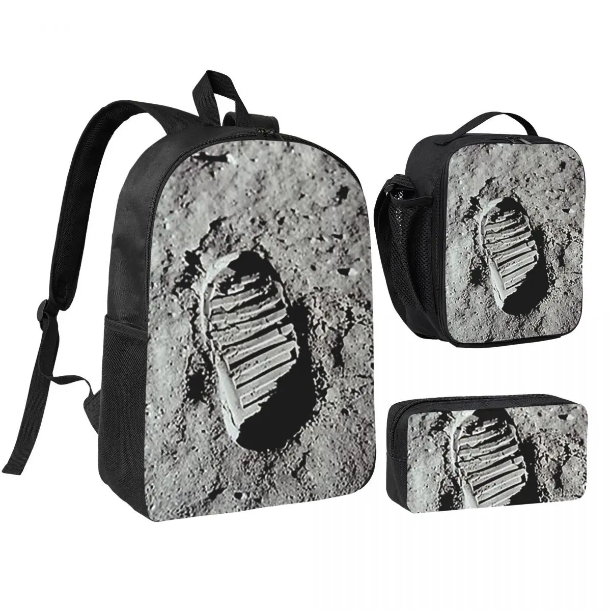 

Footprint On The Moon By Buzz Aldrin Apollo Backpack BookBag School Bag Shoulder Bags 3ps Insulated Lunch Bag Pencil Case