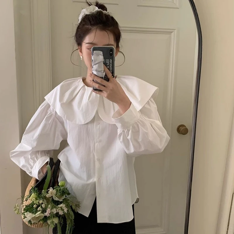 Spring Autumn New Fashion Doll Collar Long Sleeve Solid Color Blouses Women's Clothing Sweet Button Korean All-match Chic Shirts
