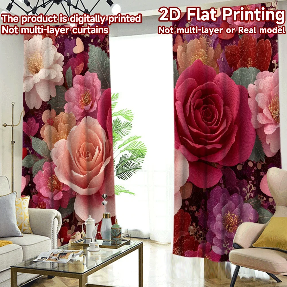 2D FLAT PRINTING 2pcs Curtains (Without Rod) Valentine's Day Floral Hearts Pattern Chic Curtains Versatile Fabric Curtains