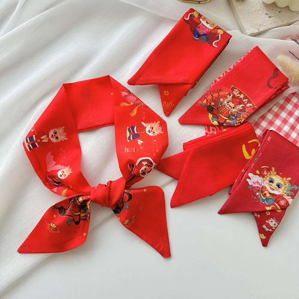 التنين نمط السنة الجديدة وشاح حريري أحمر مطبوعة الأوشحة السنة الجديدة وشاح طويل التجميع الملابس والاكسسوارات الشريط عقال