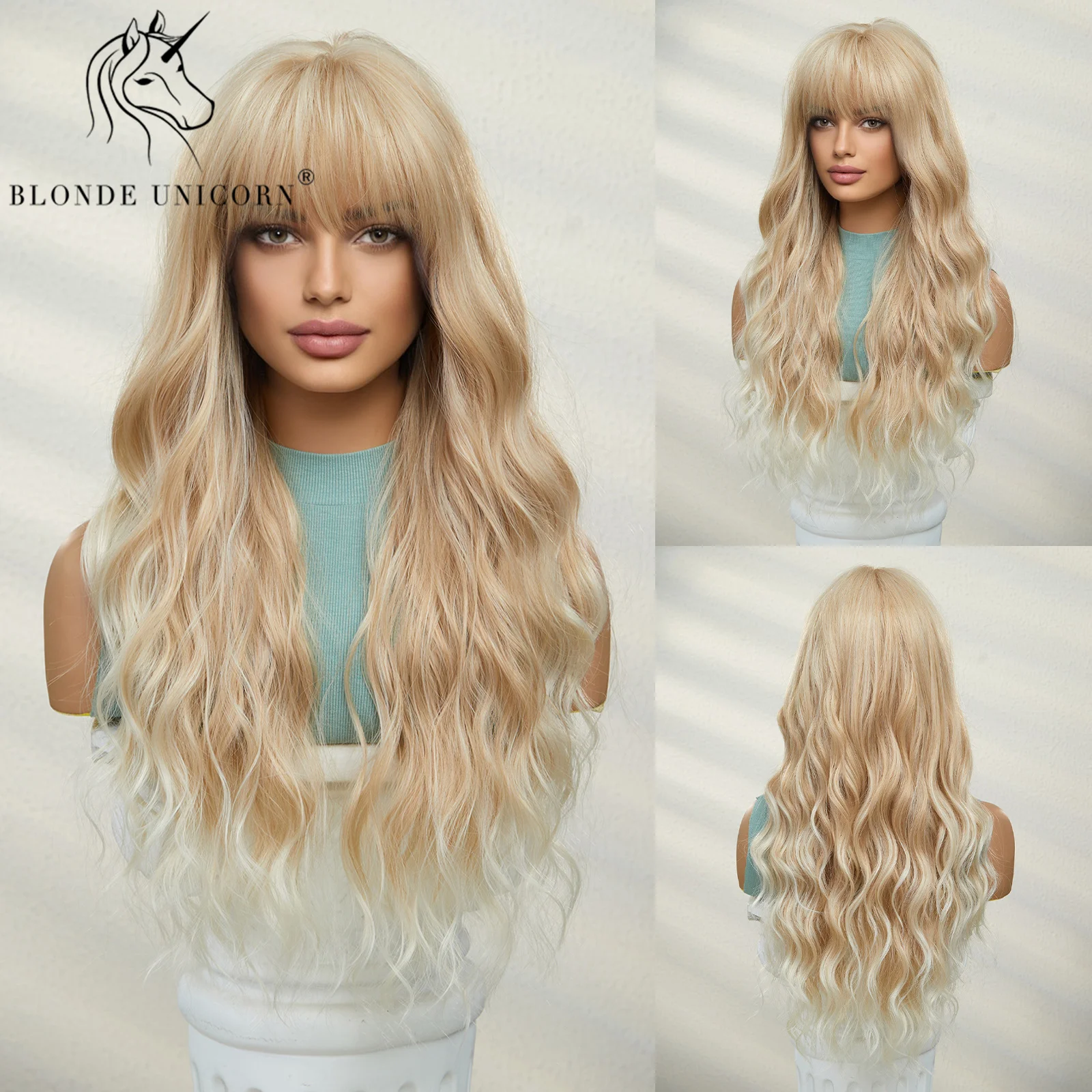 Blonde Unicorn Long Blonde Synthetic Wig Wavy Wigs with Bangs Daily Cosplay Party Use Heat Resistant Fiber for Women