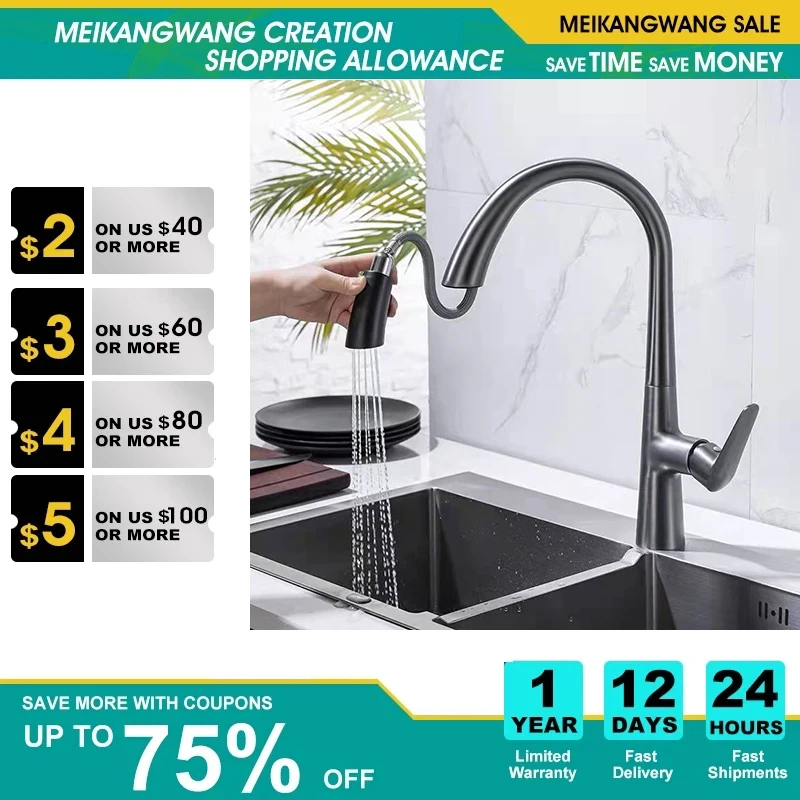 

Gun Gray Pull-out Kitchen Faucet Hot and Cold Water Washbasin Sink Faucet Rotatable Retractable Mixer Tap Deck Mounted