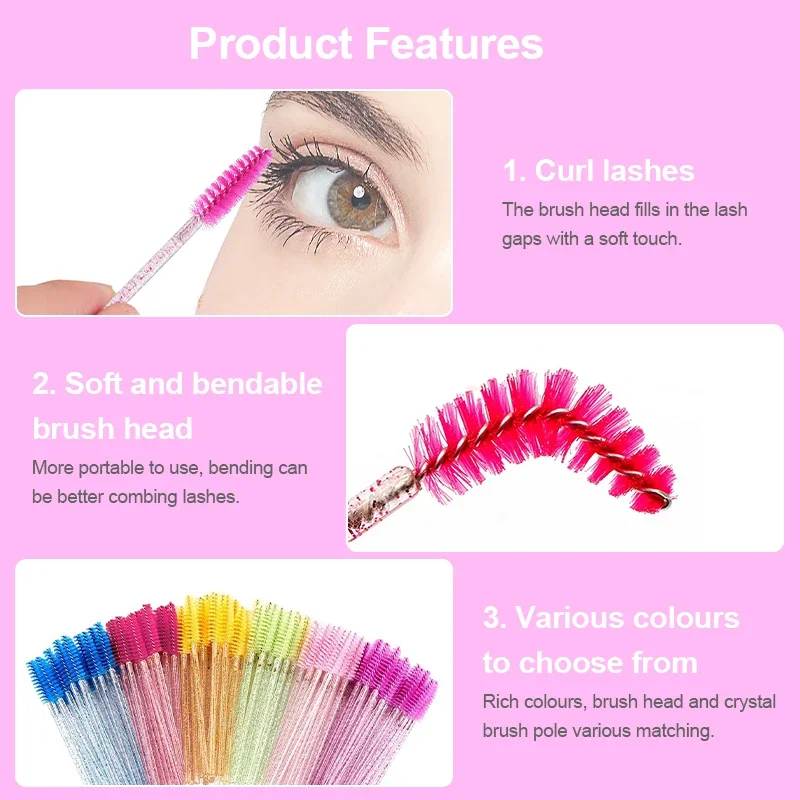 50 szt. Jednorazowe szczoteczki do rzęs z miękką główką, kryształowe szczoteczki do brwi, szczoteczki do przedłużania rzęs, aplikatory do tuszu do rzęs, narzędzia do makijażu