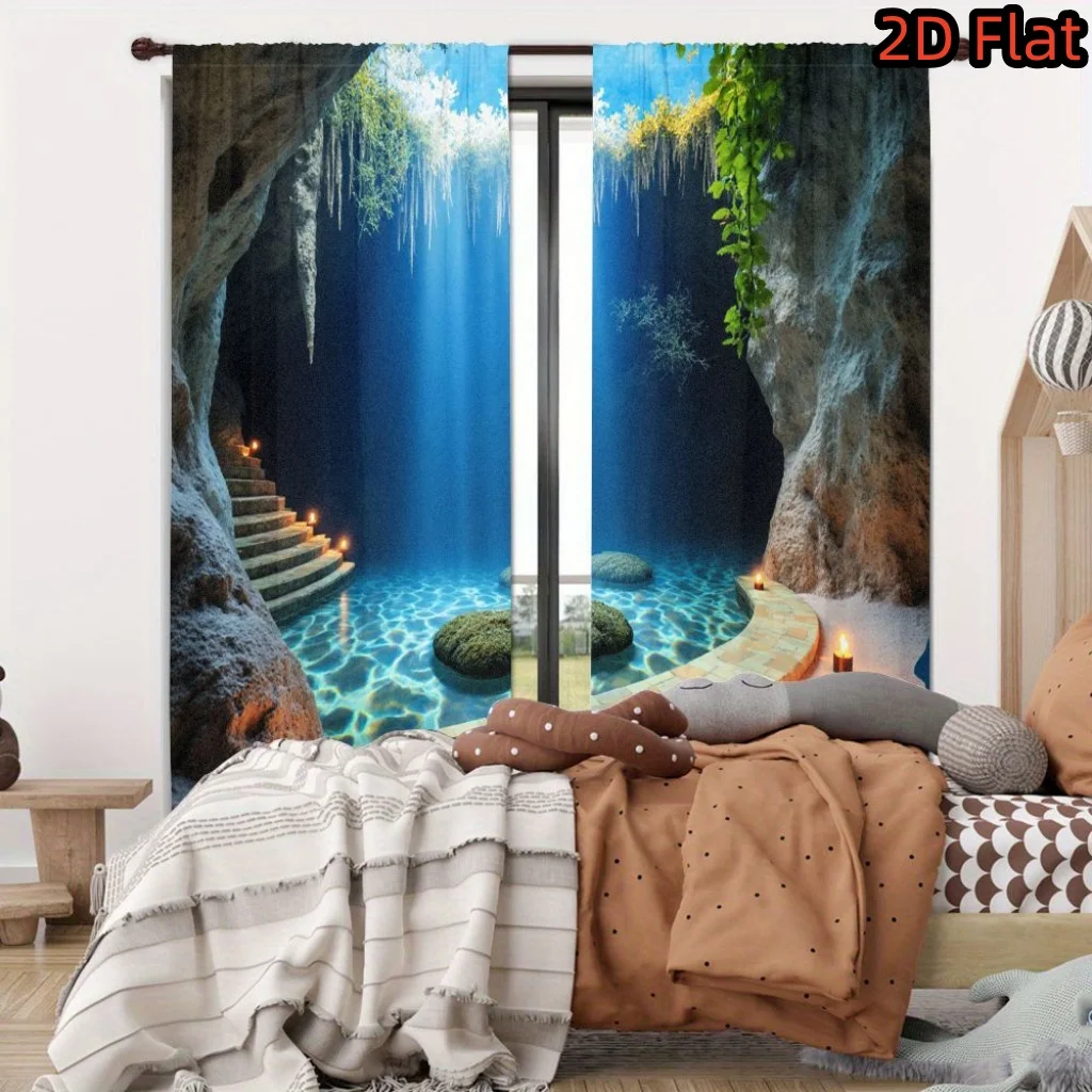 2D Flat, 2pcs Cave Pool Waterfall Nature Scene Curtain for Living Room Bedroom Relaxing Scenic Drape