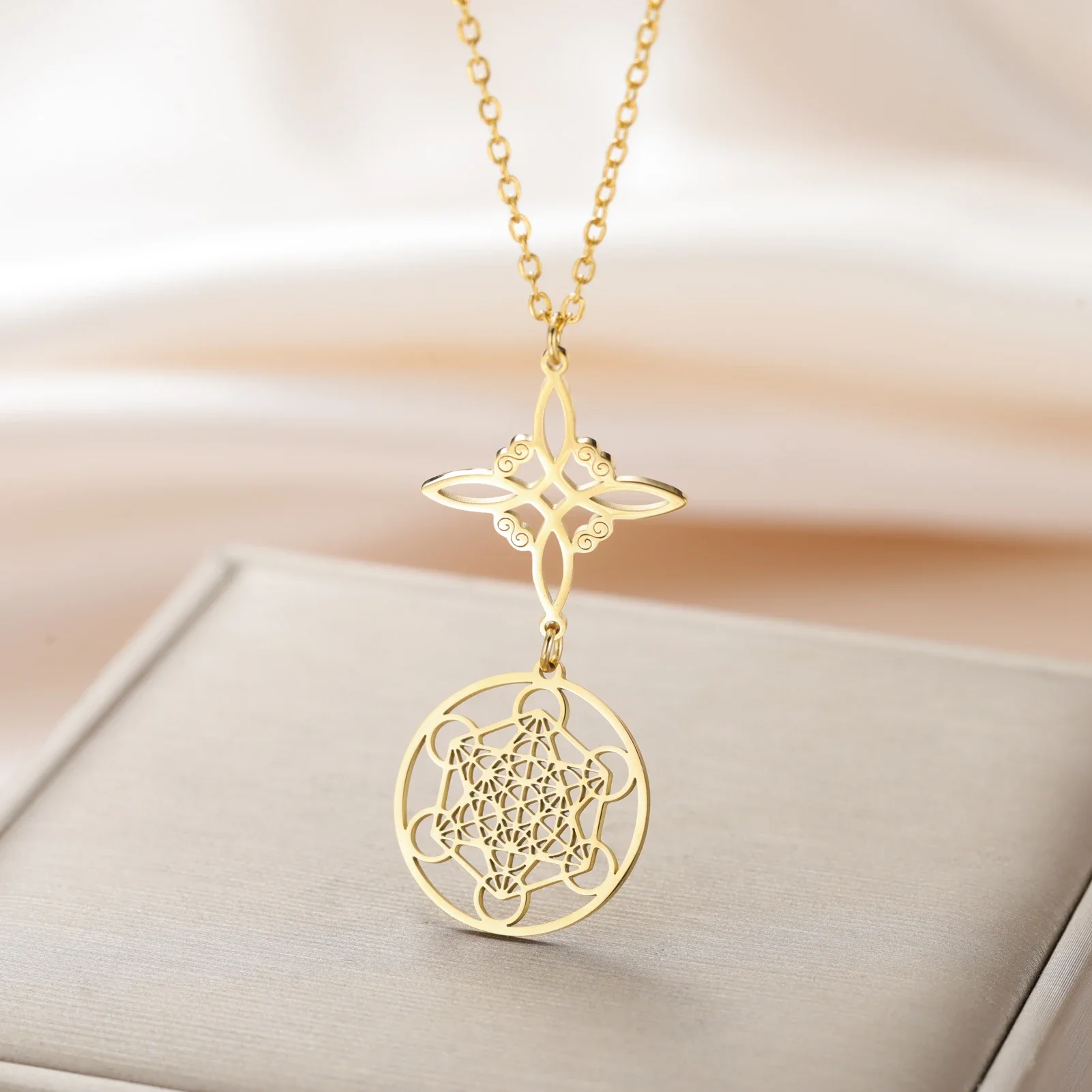 Skyrim Metatron Cube Witch Knot Pendant Necklace Double Amulet Protection Stainless Steel Necklaces Vintage Witchcraft Jewelry