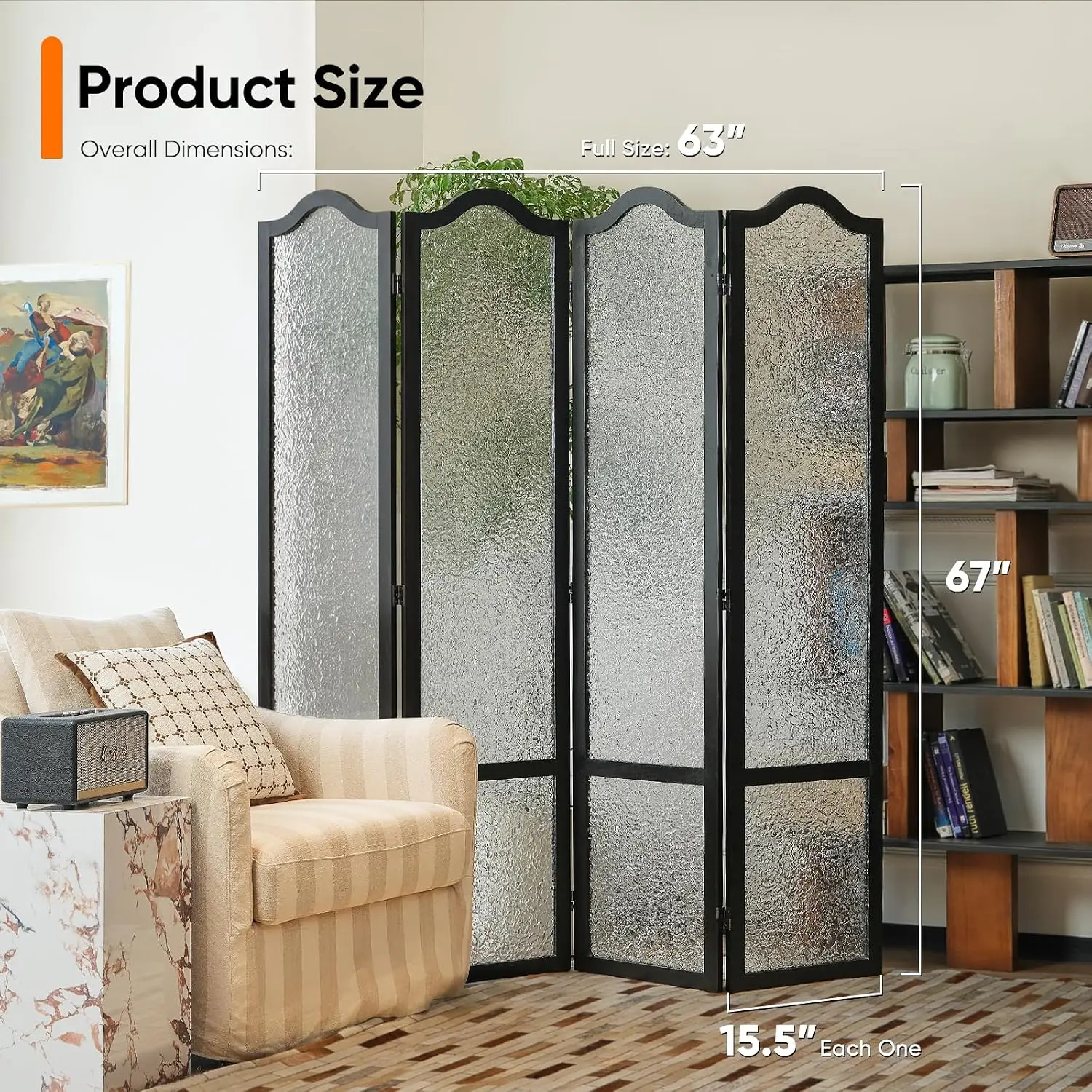 Acrylic Room Divider, Black, 4-Panel, 67