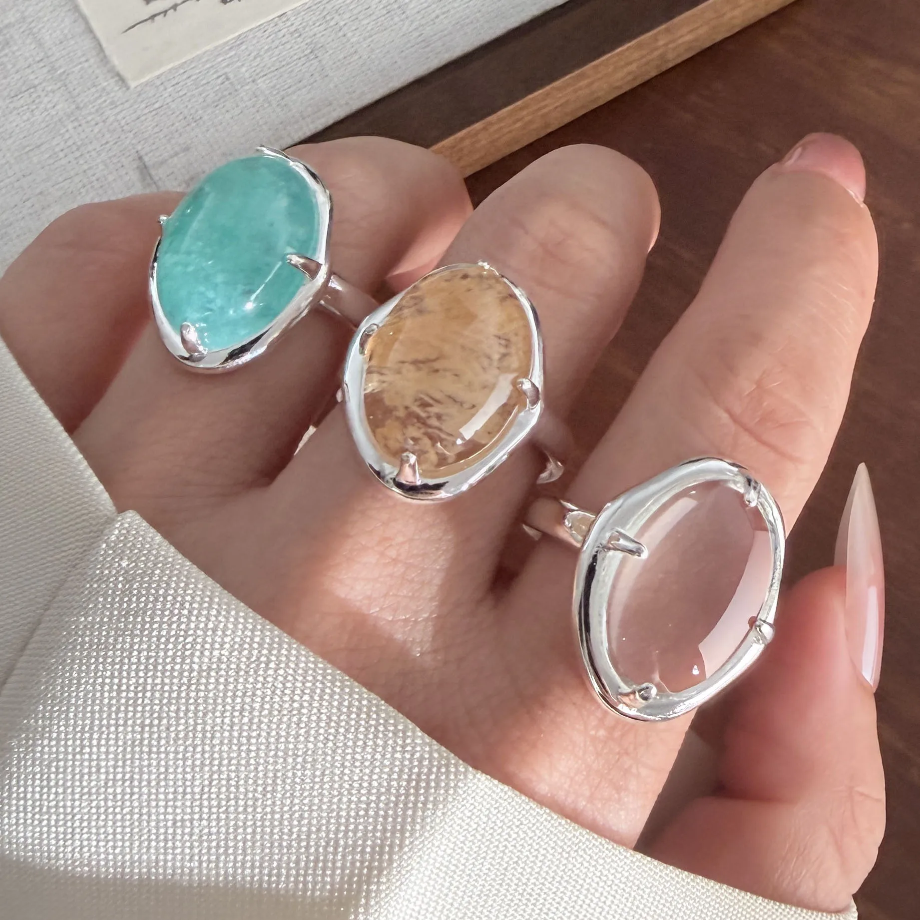925 Sterling Silver Rings For Women Geometric Fine Jewelry Finger Adjustable Retro Colorful Stone Ring For Party Birthday Gift