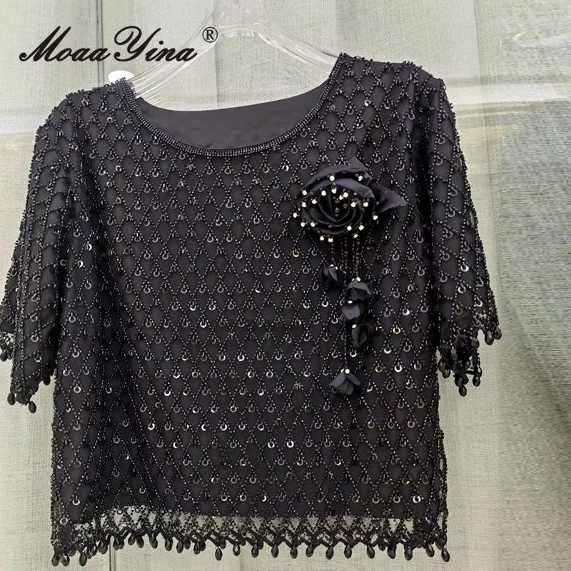 MoaaYina 2025年秋 レディース 刺繍パールクリスタルダイヤモンド装飾 ライトラグジュアリー ツーピース ミディアム丈スカートセット