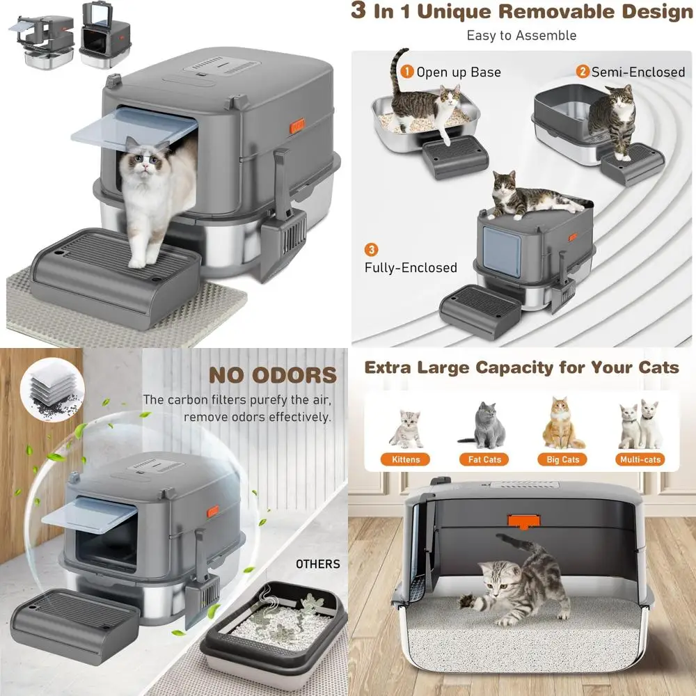 

Extra Large Enclosed Stainless Steel Litter Box with Removable Pan, Scoop, Mat, and Stairs for Big Cats and Kittens - XL Cat Lit