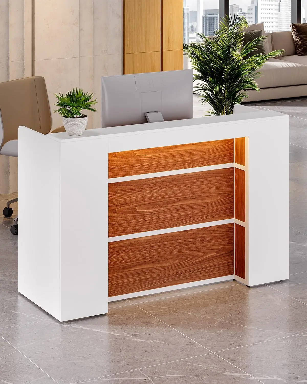 Little Tree 63 Inches Reception Desk, Modern Reception Table With Led Light, Front Counter Desk, Wooden Checkout Counter For