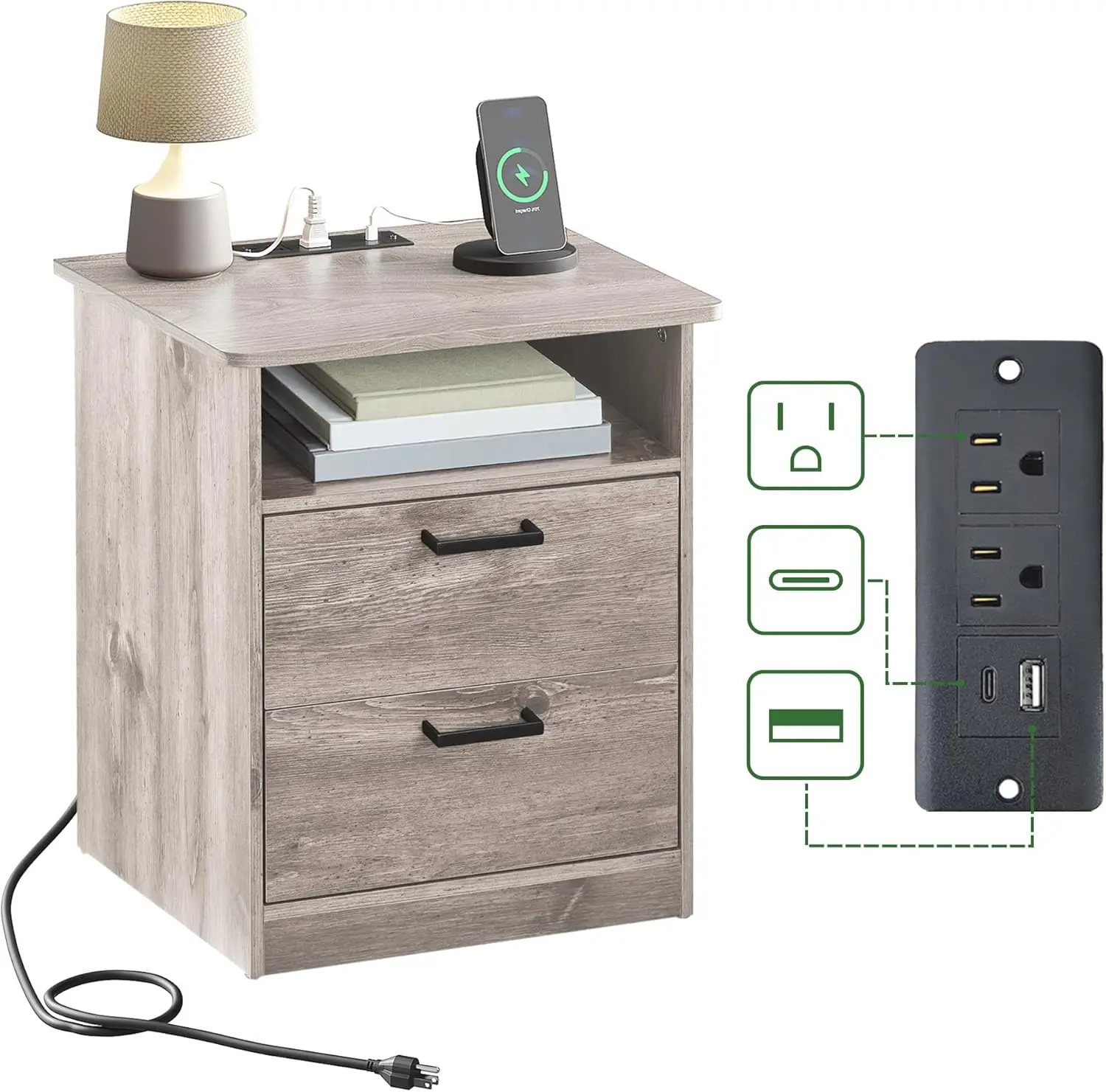 Table with Fast Charging Station - USB C Cable Fast Charging, Wooden Grey Nightstand Bedside Table with 2 Drawers