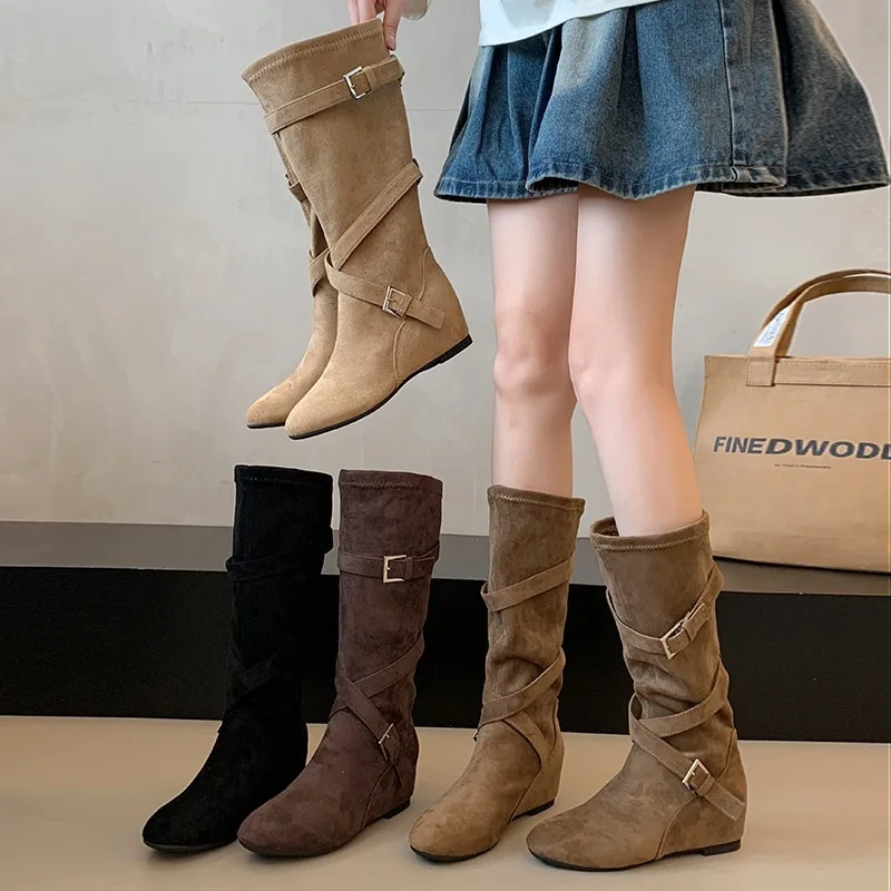Women Vintage Suede Slouch Mid Calf Boots Invisible Wedge Heel Cross Belt Buckle Shoes Autumn Winter Ladies Western Cowboy Boots