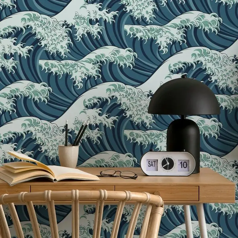 Japanese Wave Pattern Mural Wallpaper,Bright Unique Japanese Aesthetic Decorative Wall Decals,Panoramic Living Room Wallpaper