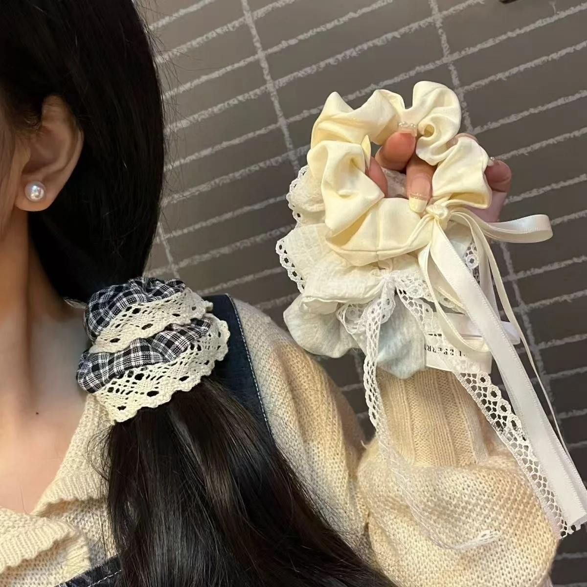 Korean Style Plaid Fluffy Hair Ties Half-Up Atmosphere Sense Bowknot Large Intestine Lace Streamer Hair Accessories for Girls