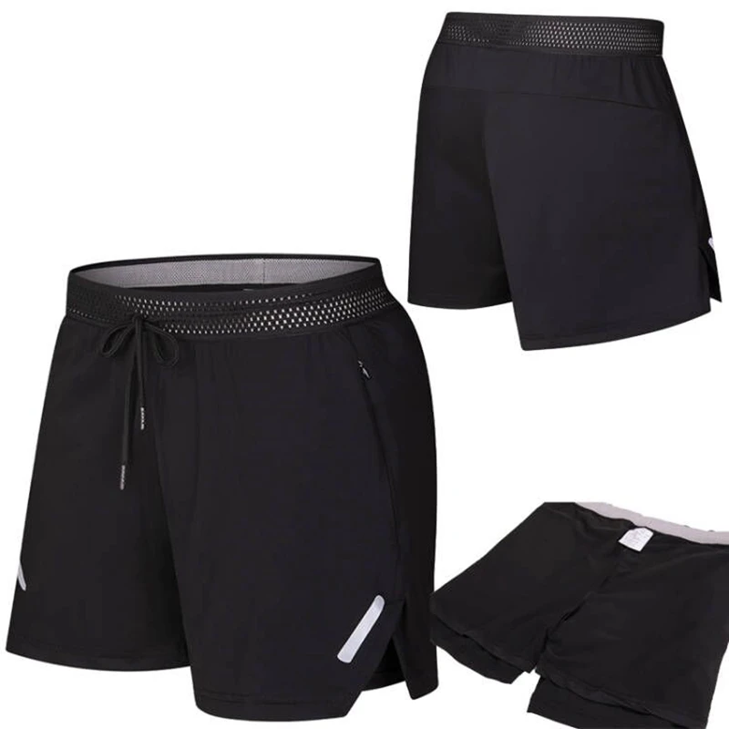 2 In 1 Shorts Beach Double Nylon Men Running Fitness Marathon Three Point Pants Trunks Reflective Sport Zipper Pocket Shorts